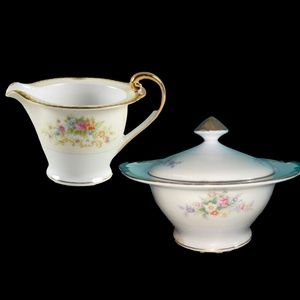 Royal China Japan Sugar and Creamer Set Vintage Flowers Yellow Band Scrolls